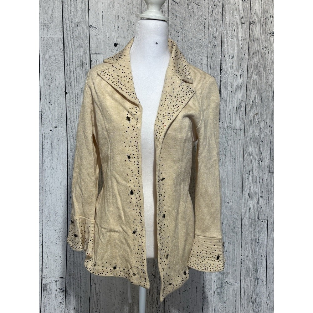Midnight Velvet Womens Ivory Cardigan Bell Sleeves Open Front Rhinestone Sz 10